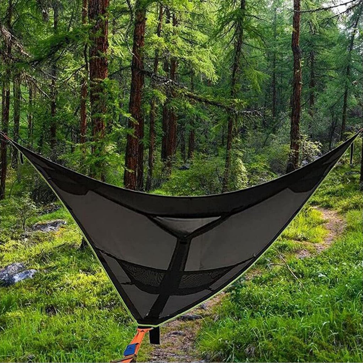 Portable triangular hammock for multiple people, outdoor camping aerial hammock, 3-point design for 2-3 people for travel, garden, camping, black, 400 x 400 x 400 cm
