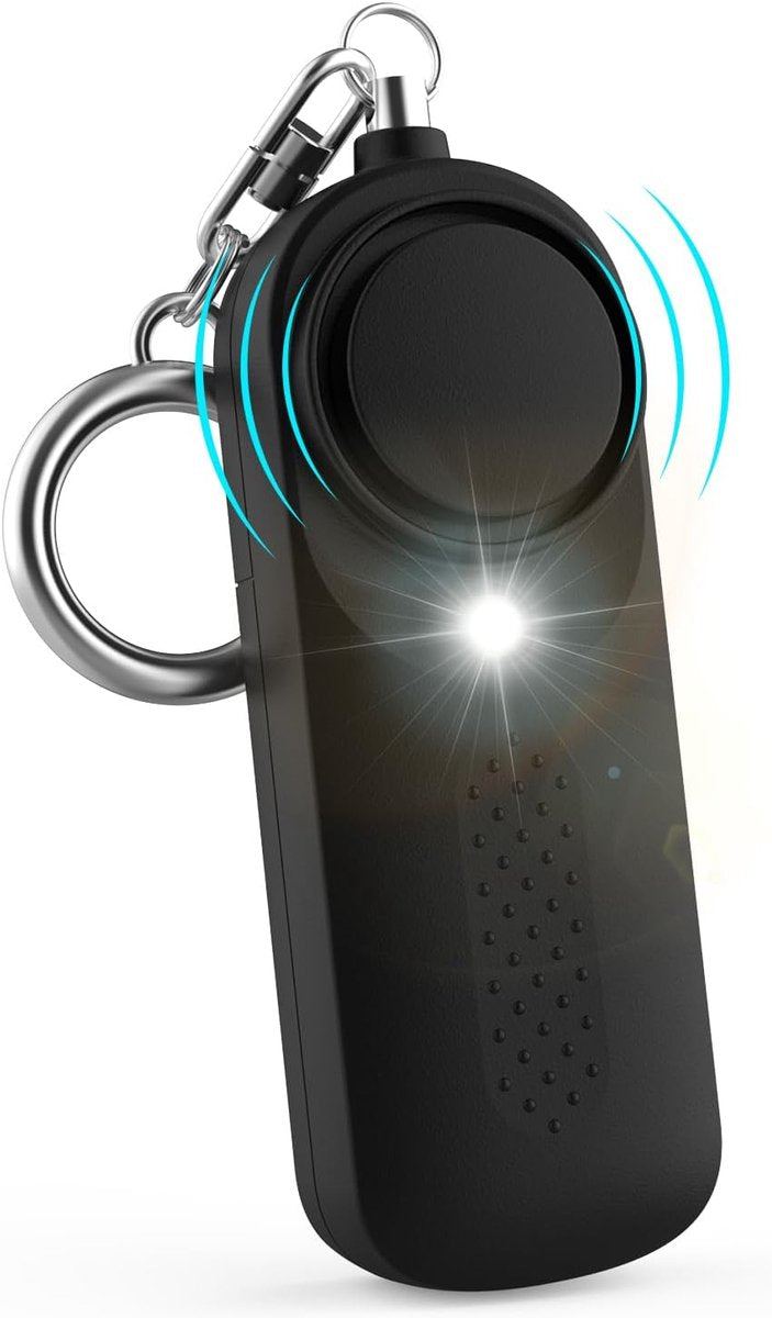 Personal Alarm - 130 dB - Security Siren - Self-Defense Siren - With LED Light-Up Keyring - For Children, Women, Students and Seniors (Black)
