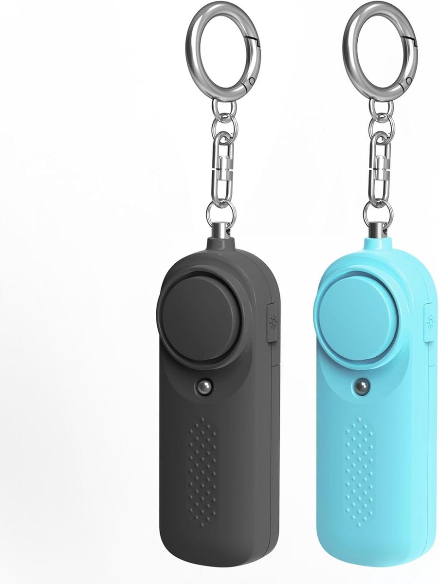Pack of 2 personal alarms - Keychain - SOS button - 130 dB emergency signal - Personal safety alarm - Keychain with LED light for children, women and the elderly (black + blue)