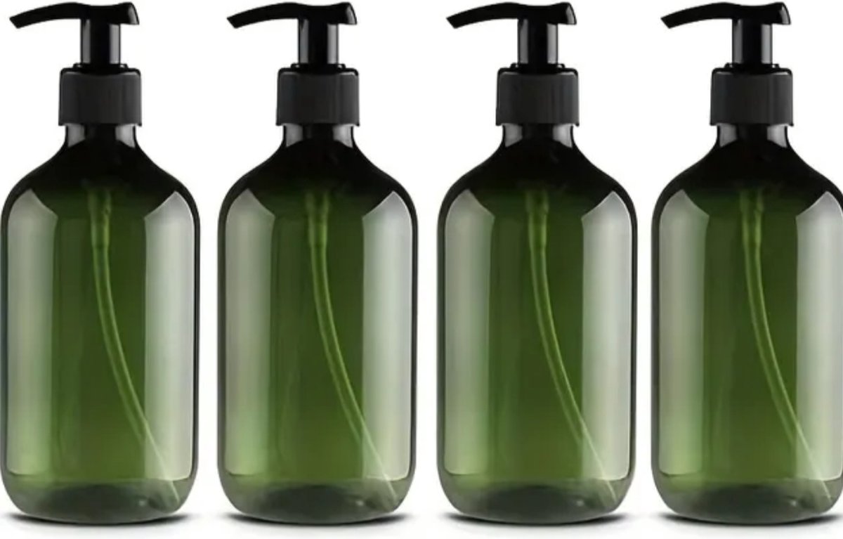 Set of 4 pump bottles 500 ML, green transparent plastic soap dispenser, refillable shampoo bottle.