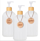 Set of 3 pump bottles, 500 ML, White, plastic and bamboo soap dispenser, refillable shampoo bottle.