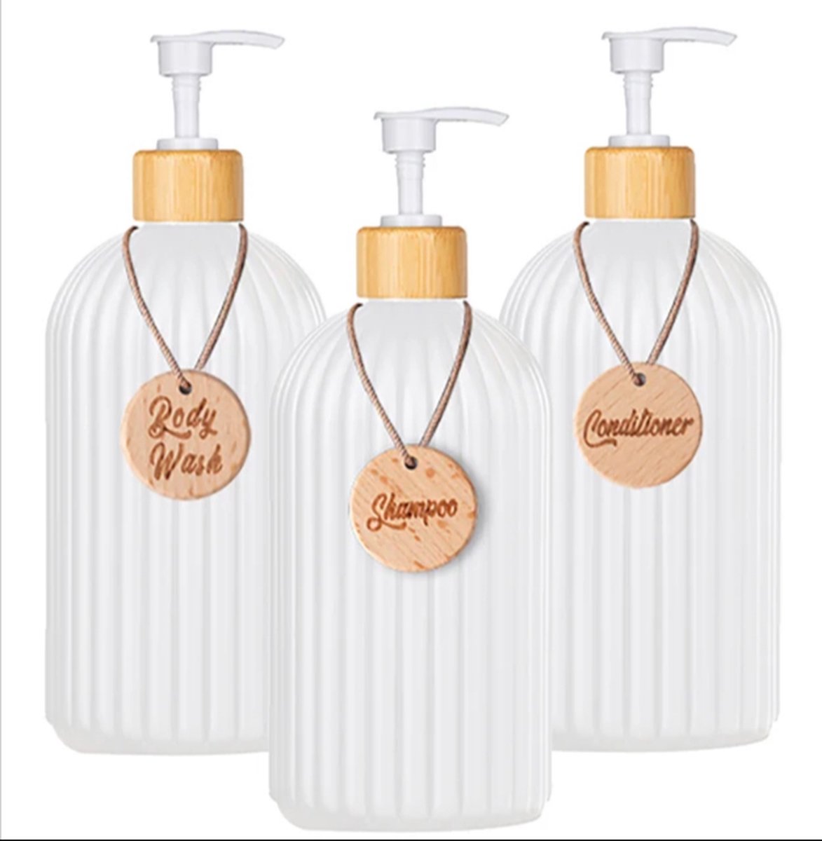 Set of 3 pump bottles, 500 ML, White, plastic and bamboo soap dispenser, refillable shampoo bottle.