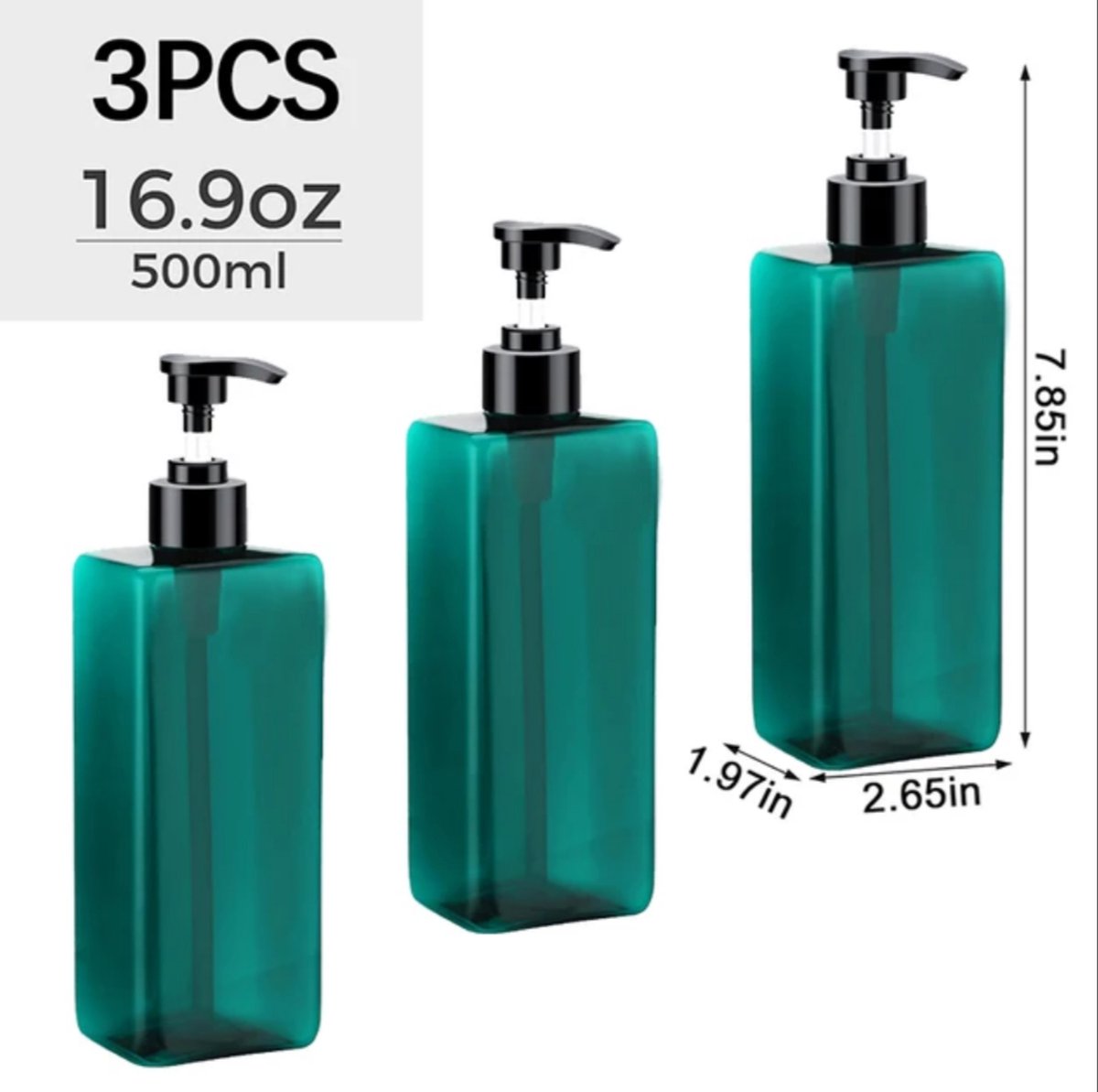 Set of 3 Pump Bottles, 500 ML, Turquoise Plastic Soap Dispenser, Refillable Shampoo Bottle.