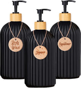 Set of 3 pump bottles, 500 ML, Black, plastic and bamboo soap dispenser, refillable shampoo bottle.