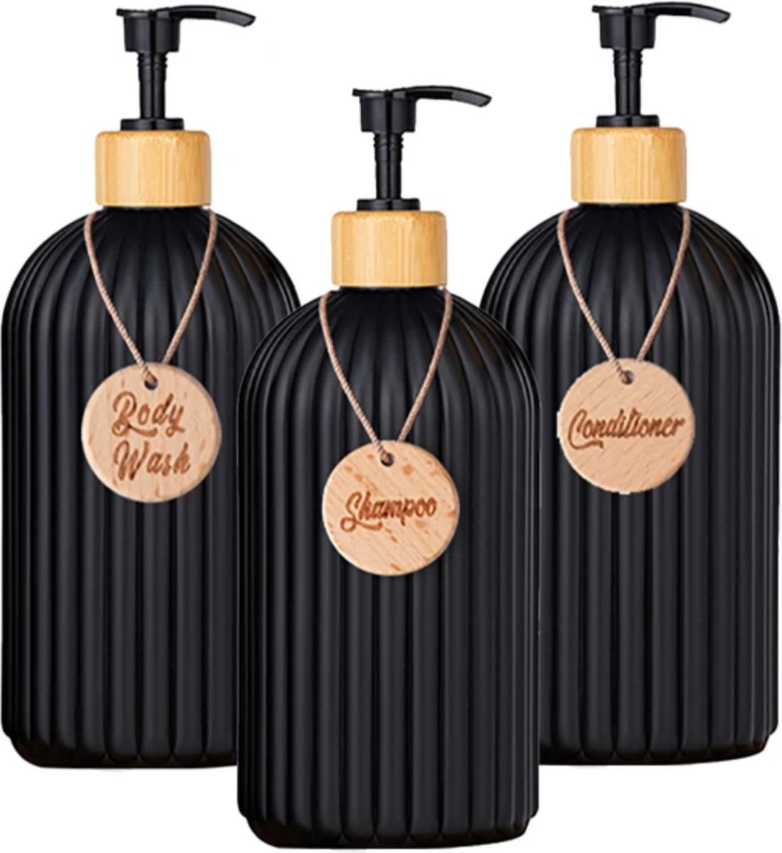 Set of 3 pump bottles, 500 ML, Black, plastic and bamboo soap dispenser, refillable shampoo bottle.