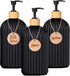 Set of 3 pump bottles, 500 ML, Black, plastic and bamboo soap dispenser, refillable shampoo bottle.