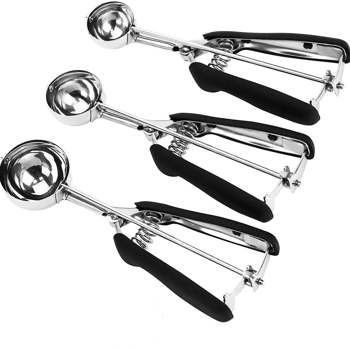 3-Piece Ice Cream Scoop Set - Stainless Steel Ice Cream Scoop - Ball Scoop - With Non-Slip Handle - For Fruit, Cookies, and Frozen Sorbets - Black