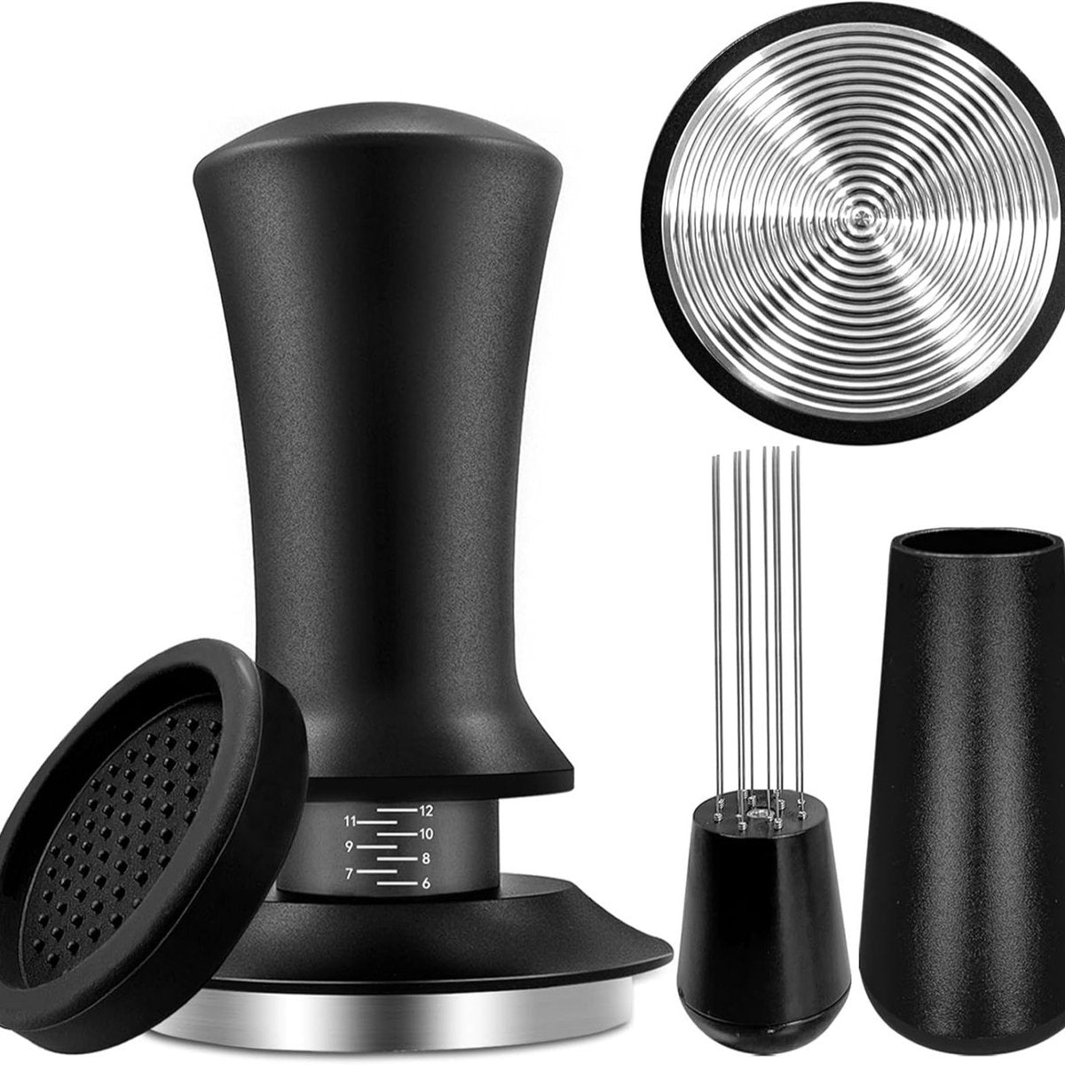 Tamper - Coffee tamper - Espresso tamper - 51 mm espresso tamper - Aluminum and stainless steel espresso tamper - Ergonomic self-leveling tamper - For baristas - Black