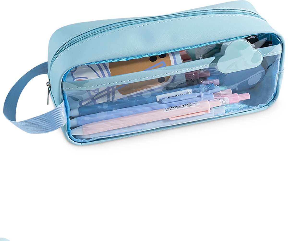 Transparent pencil case - Blue - Groot - 21 x 9 x 7 cm - For School, Boys, Girls and Adults - Pencil Case