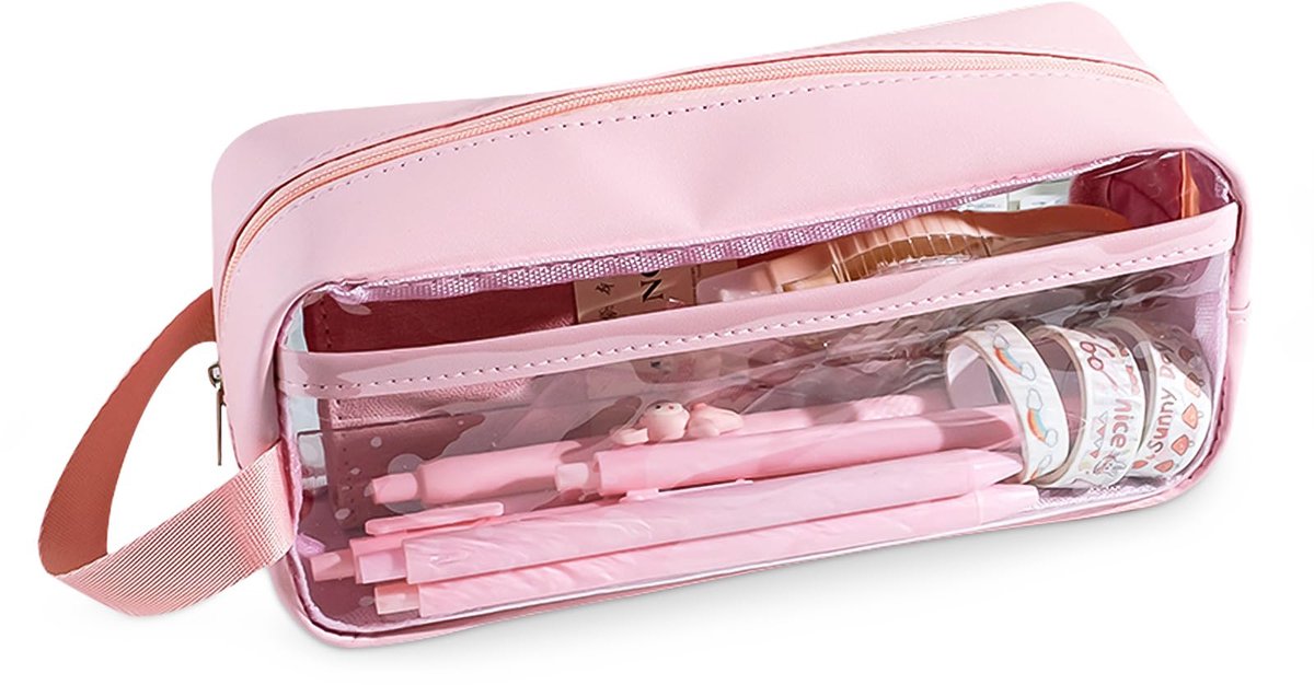 Transparent Pencil Case - Pink - Groot - 21 x 9 x 7 cm - For School, Boys, Girls and Adults - Pencil Case