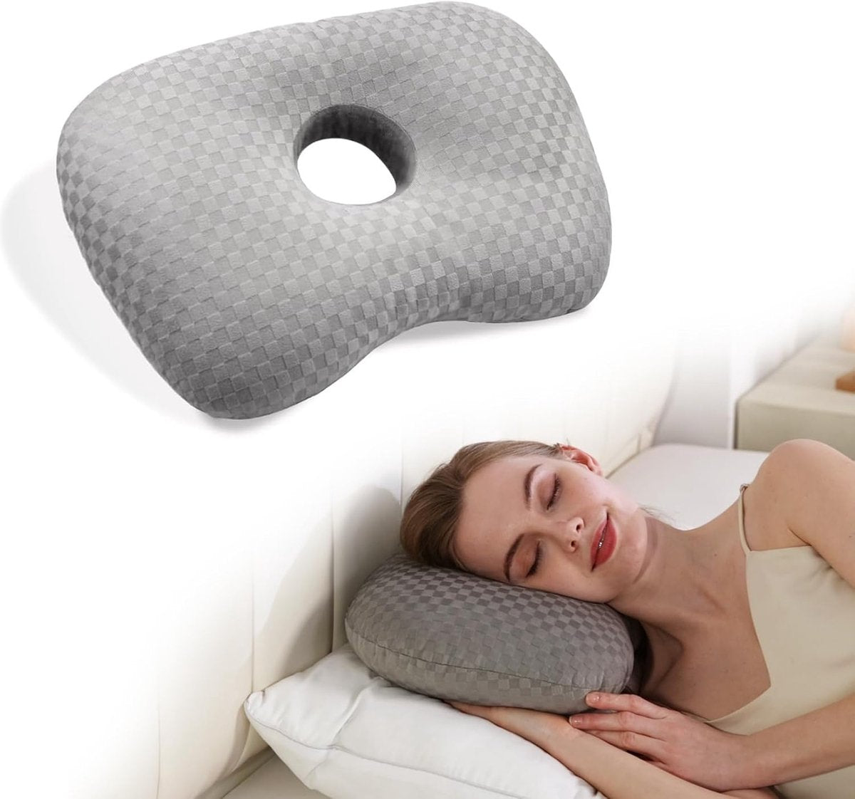Pillow - head pillow - neck pillow - ear pillow - piercing pillow - donut pillow - piercing pillow with hole - sleeping ring for side sleepers to relieve pain - 32 * 44 cm - grey