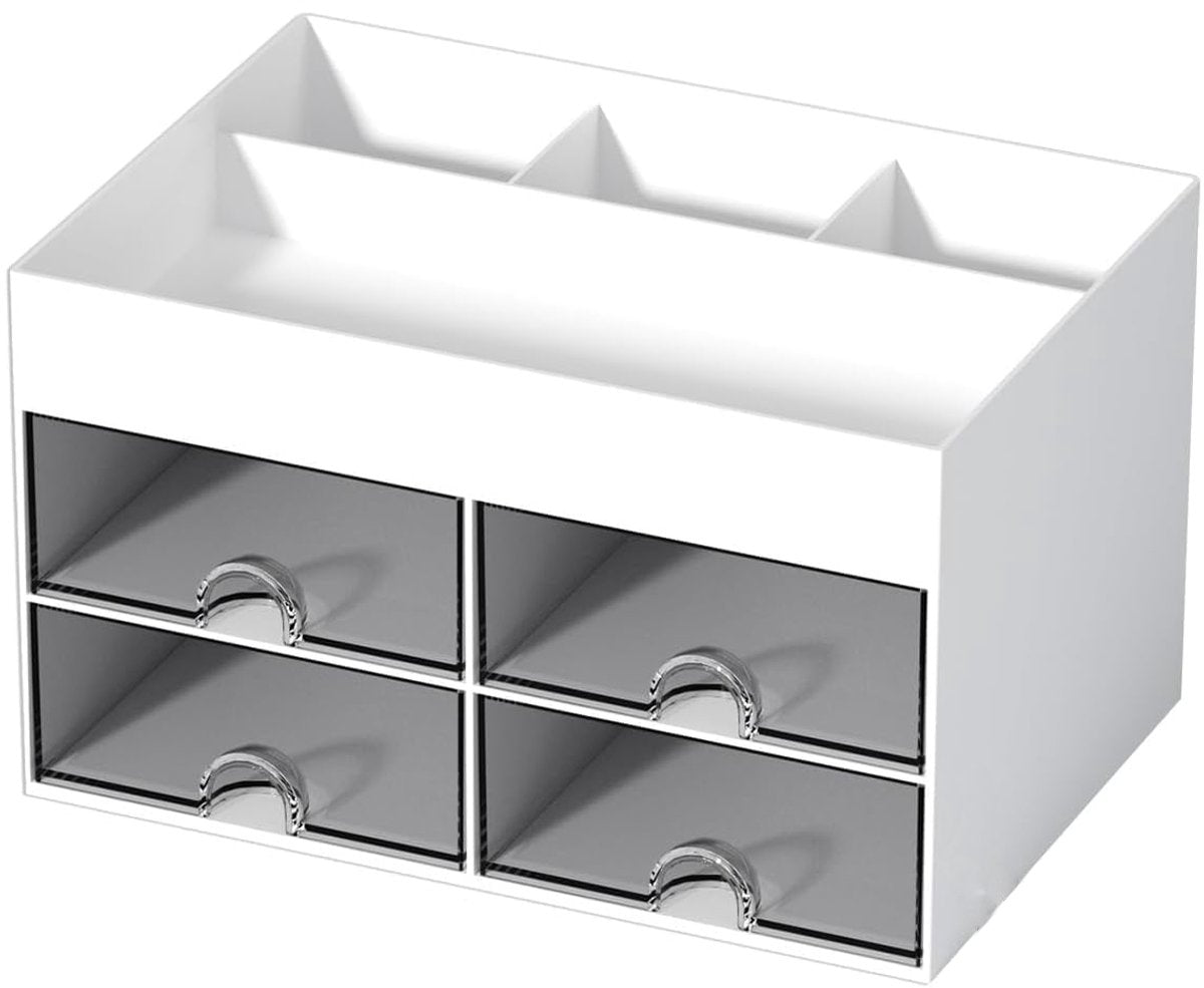 Multifunctional desk organizer with 4 drawers and pen holders, makeup organizer, for teachers, office, school, home, table decoration, white