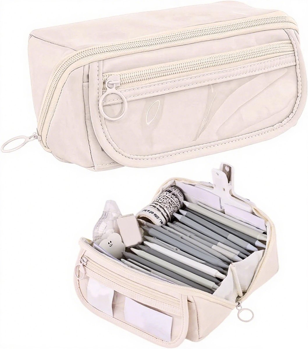 Pencil case - Pencil case for boys and girls - 20x8.5x8.5 cm - Canvas - Linen - Large capacity - School pencil case - Beige