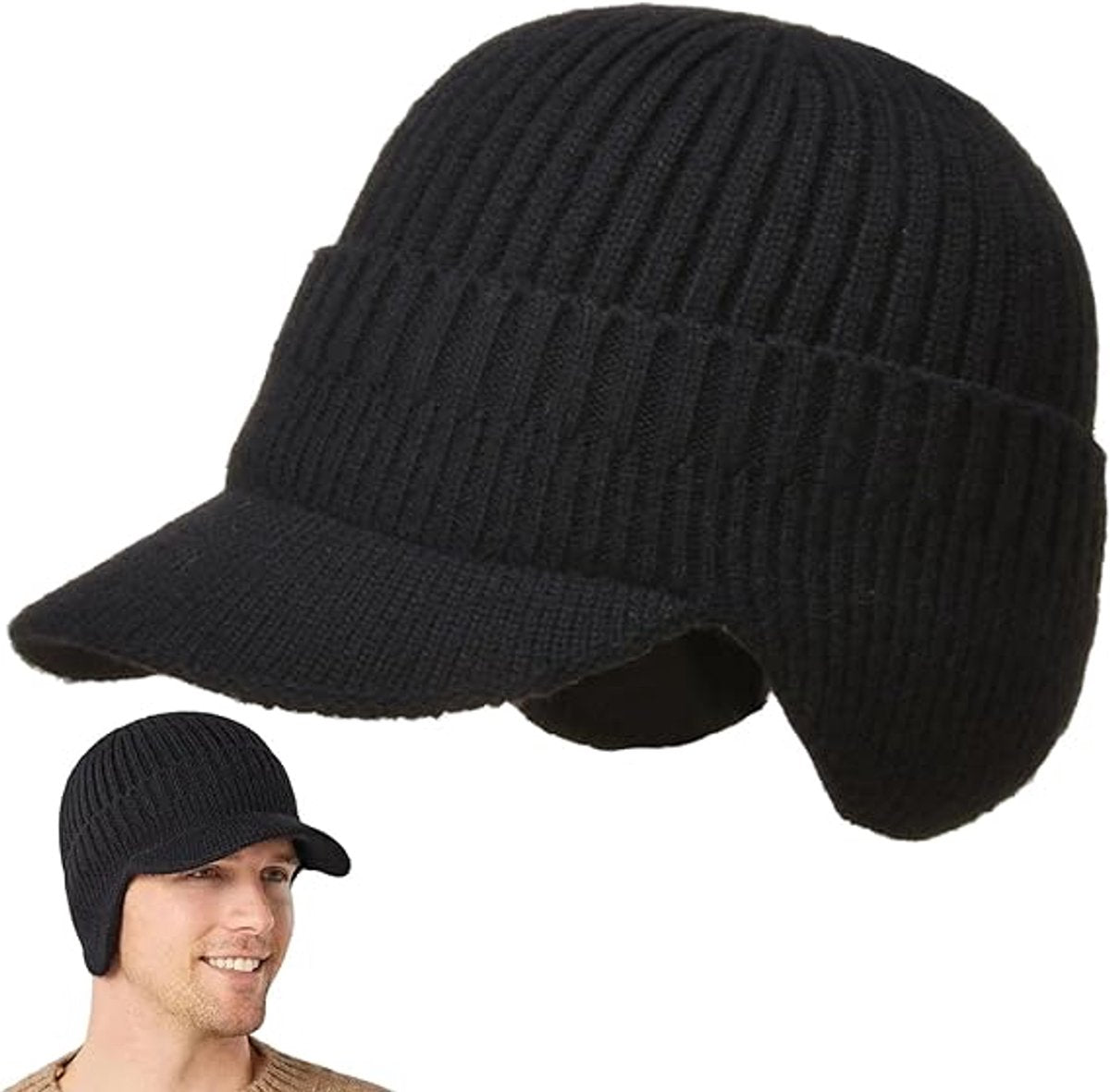 Beanie - Men's Beanie - Winter Beanie - Knitted Beanie - Ski Beanie - Thick Beanie - Thermal Protection for Outdoors - Elastic Earflaps - Skiing - Snowboarding - Cycling - Walking - Black - Gift Idea for Him/Her