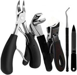 Nail clippers - Stainless steel pedicure tool - Heavy-duty nail clipper set - Includes a nail file, cuticle nipper, and pedicure tool - Classic black handles - Set of 5 - For ingrown and thick nails