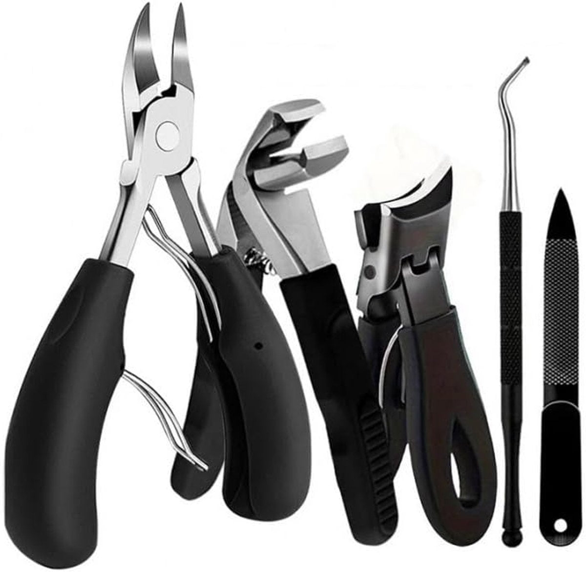 Nail clippers - Stainless steel pedicure tool - Heavy-duty nail clipper set - Includes a nail file, cuticle nipper, and pedicure tool - Classic black handles - Set of 5 - For ingrown and thick nails