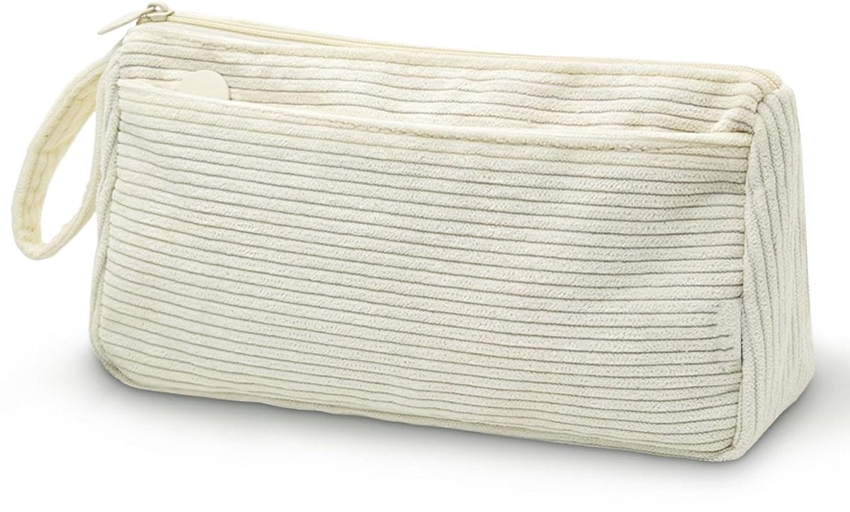 Corduroy Pencil Case - Pretty pencil case with a practical zipper - Makeup bag - Suitable for school-aged teenagers, boys and girls - white