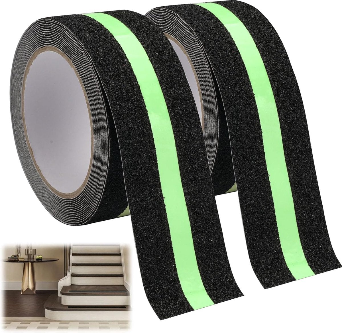Anti-slip adhesive tape - 2 rolls - Safety tape - Stair tape - Anti-slip tape - For stepladders, ladders, and outdoor use - Glows in the dark - Black - 5 cm x 5 m