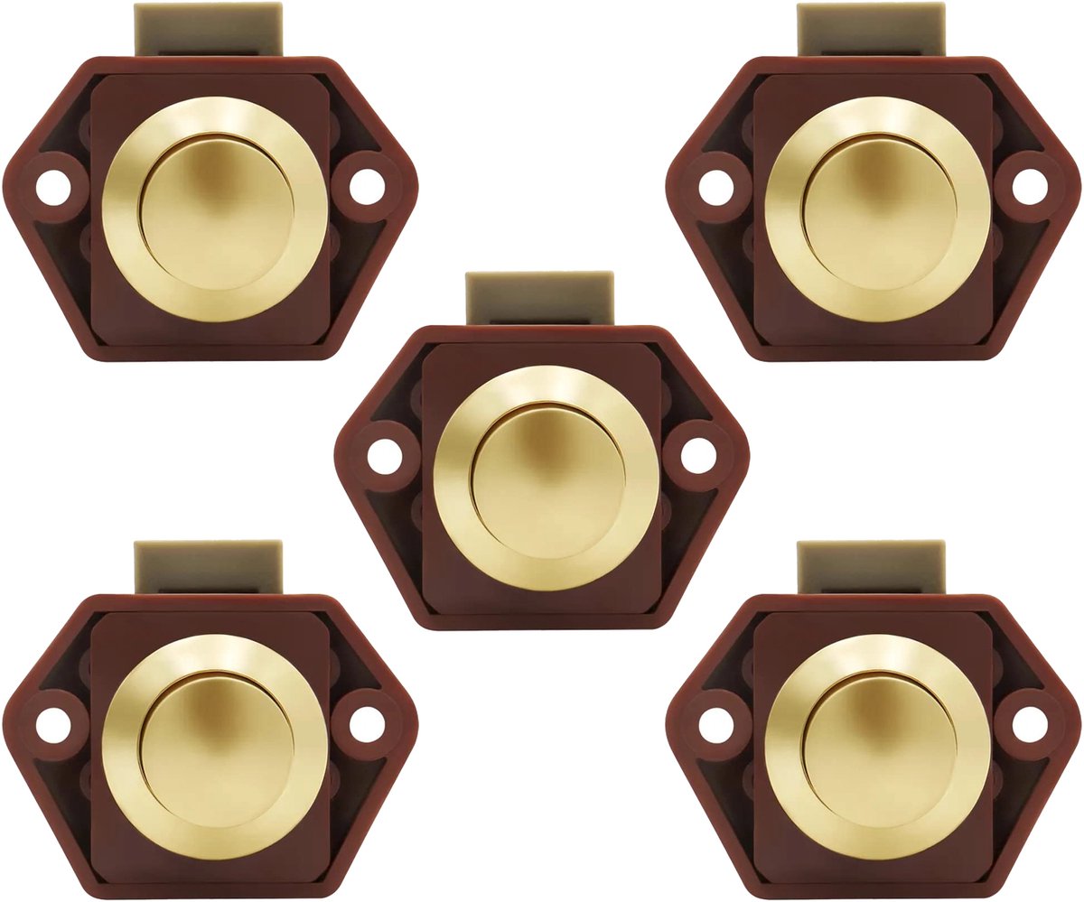 5-Piece Push Button Lock - Push Button for Motorhome - Door Lock - Locking Button for Shutter Door - For Camping, RV, Motorcycle, Caravan - Brown