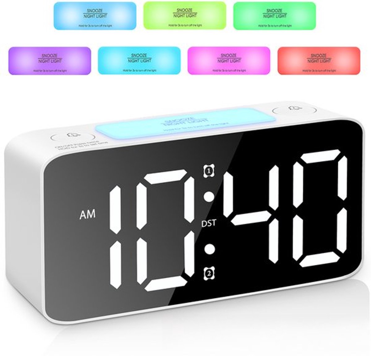 Digital nightlight - Klok Extra powerful - 7 colors - Ideal for heavy sleepers - Adjustable volume and USB charging - Place on the bedside table - Wit