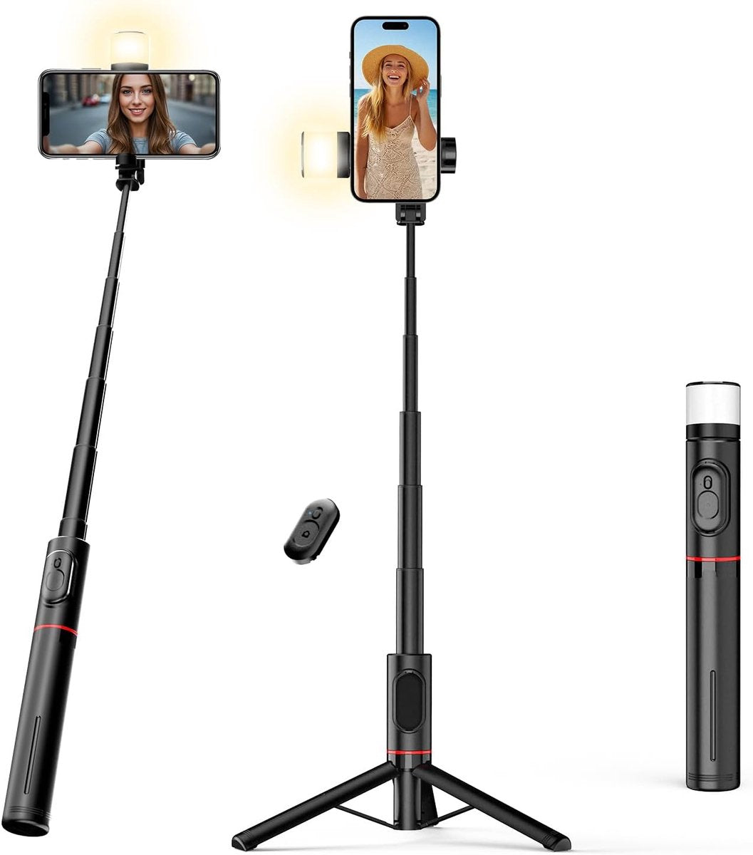 Selfie stick - Phone tripod - Tripod with auxiliary light - Mobile phone holder - With lighting function - Remote control - 75mm aluminum phone holder - Selfie stick for smartphones