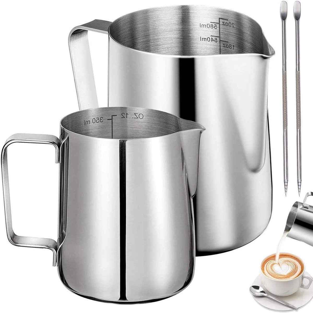Stainless steel milk jug, 2 pieces, frothers, pitchers, 350 ml, 600 ml, stainless steel milk jug, milk, frothing pitcher, box with 2 barista pens, measuring marks for