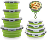 4-Piece Food Storage Container Set - Lunch Box - Collapsible Food Container - Round Silicone Lunch Box - For Camping Kitchens - BPA-Free - Green