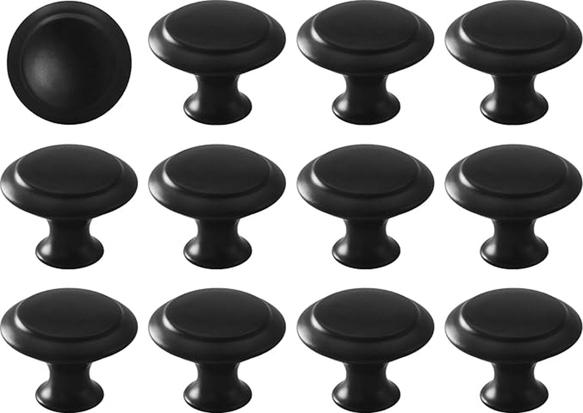 Set of 12 vintage black 28mm metal drawer and cabinet handles, easy to install, durable and stylish.