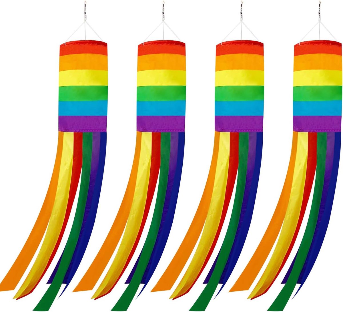 Decorative Rainbow Windproof Sleeve - 40-inch Rainbow Windproof Sleeve Flag - Pack of 4 - Striped Rainbow Windproof Sleeve Flag Gay Pride Outdoor Decoration LGBT Event Decoration Banner