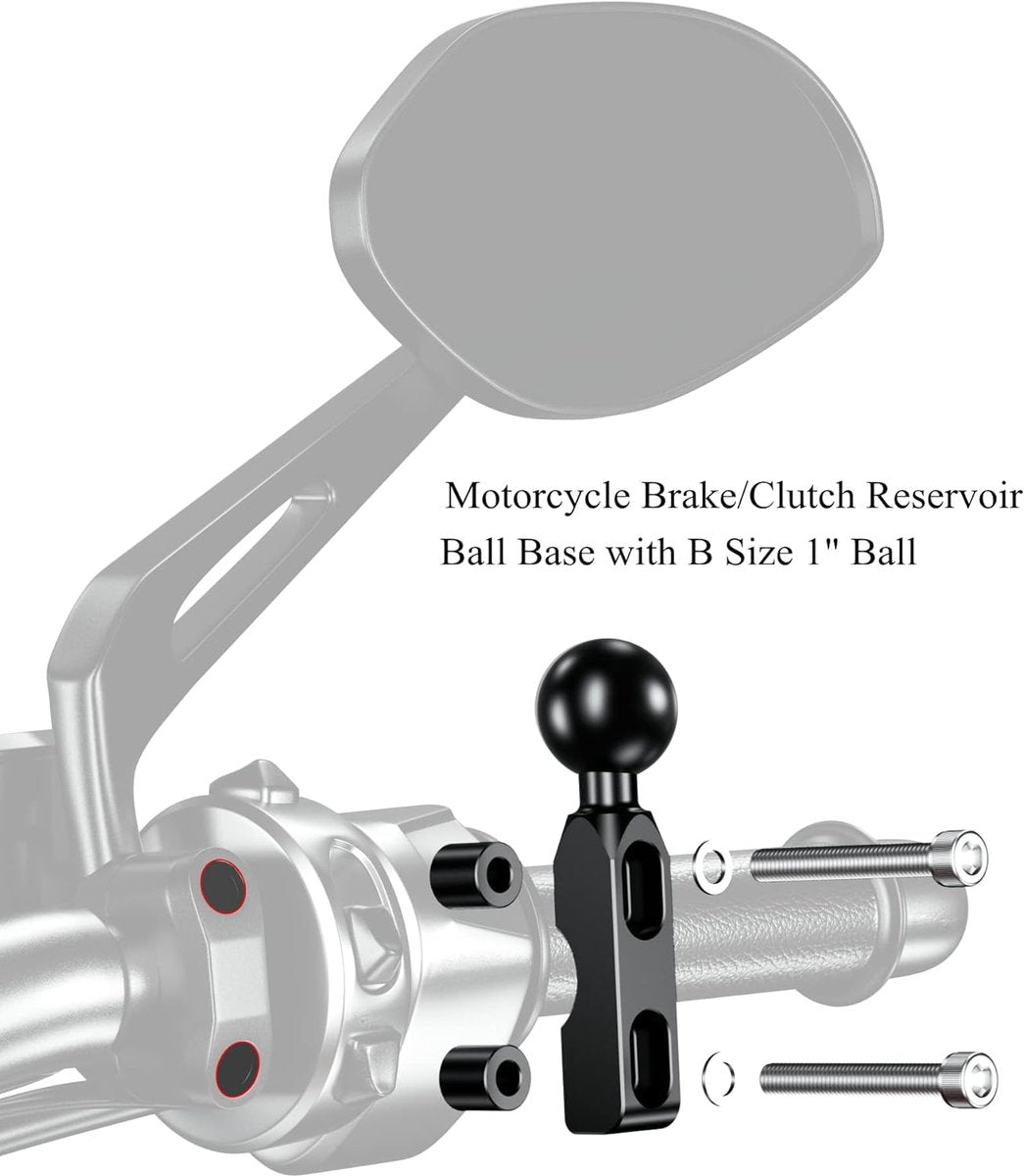 Aluminum alloy mounting base - with 1" TPU ball - for motorcycle brake/clutch reservoirs - compatible with dual mounting arms with 1" ball, size B mounting - black