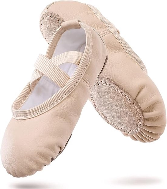 Women's Ballet Shoes – Ballet Shoes for Girls – Beige – Soft PU Leather Dance Shoes with Non-Slip Sole – Suitable for Ballet, Yoga & Home Use – For 4 UK