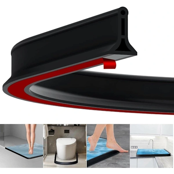 2m Self-Adhesive Shower Strip, 4cm High Waterproof Rubber Strip for Bathroom and Kitchen, Shower Threshold / Water Barrier Black