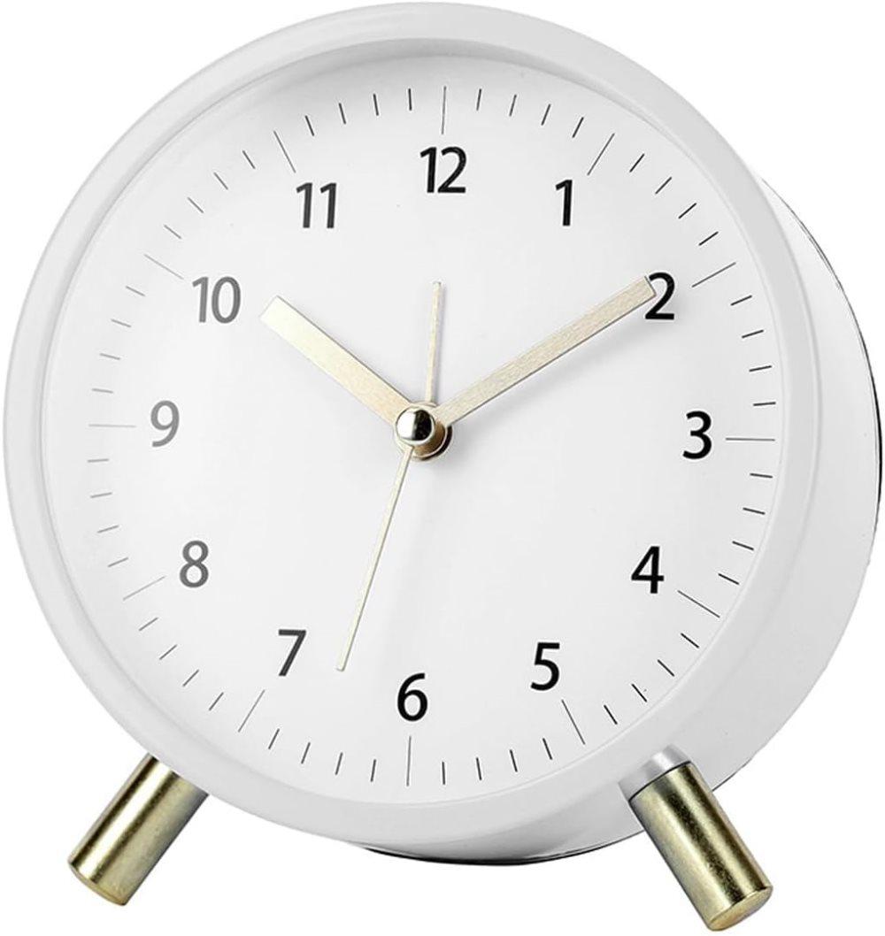 Silent Alarm Clock with Night Light and Backlight, White Metal Clock for Bedrooms and Travel