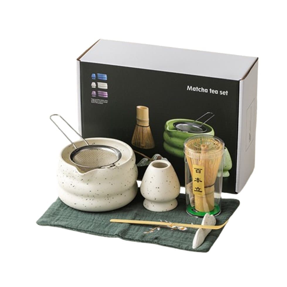 7-Piece Ceramic Matcha Tea Set with Bowl Whisk and Accessories, White