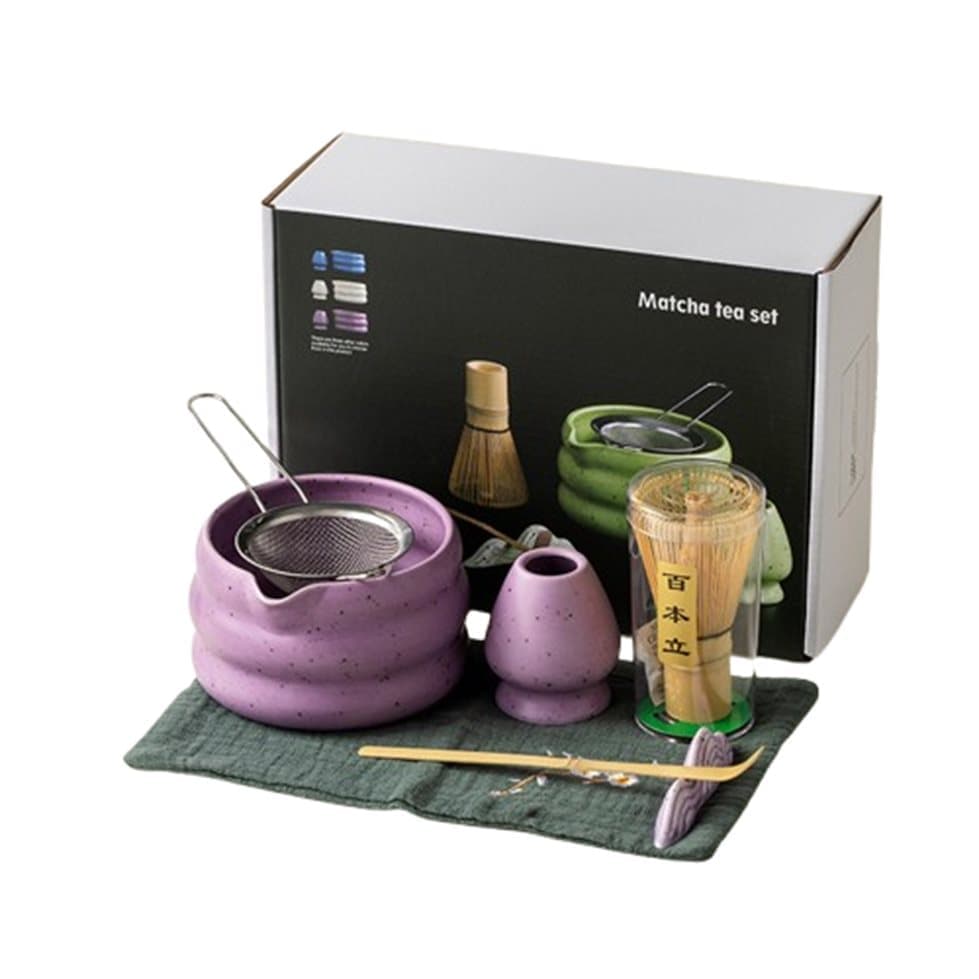 7-Piece Ceramic Matcha Tea Set with Bowl Whisk and Accessories, Purple