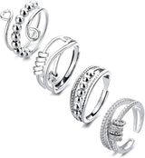 4 pcs Anti-Stress Ring with Rotating Beads, Silver, Compatible with Fidget Spinner Rings