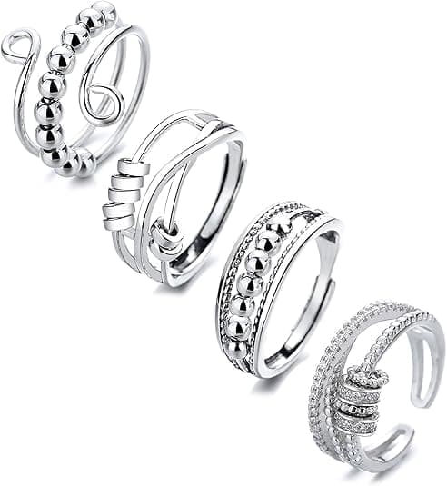 4 pcs Anti-Stress Ring with Rotating Beads, Silver, Compatible with Fidget Spinner Rings