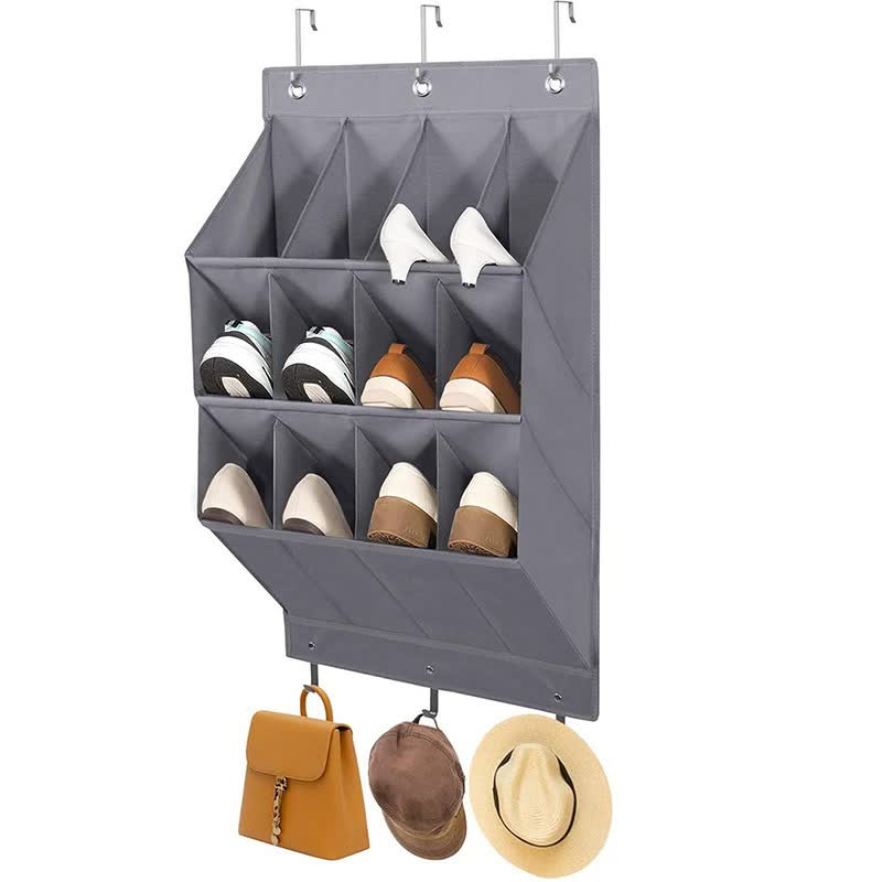 Wall-mounted Shoe and Hat Rack with Hooks, Multi-functional Storage for Door Hanging, Gray
