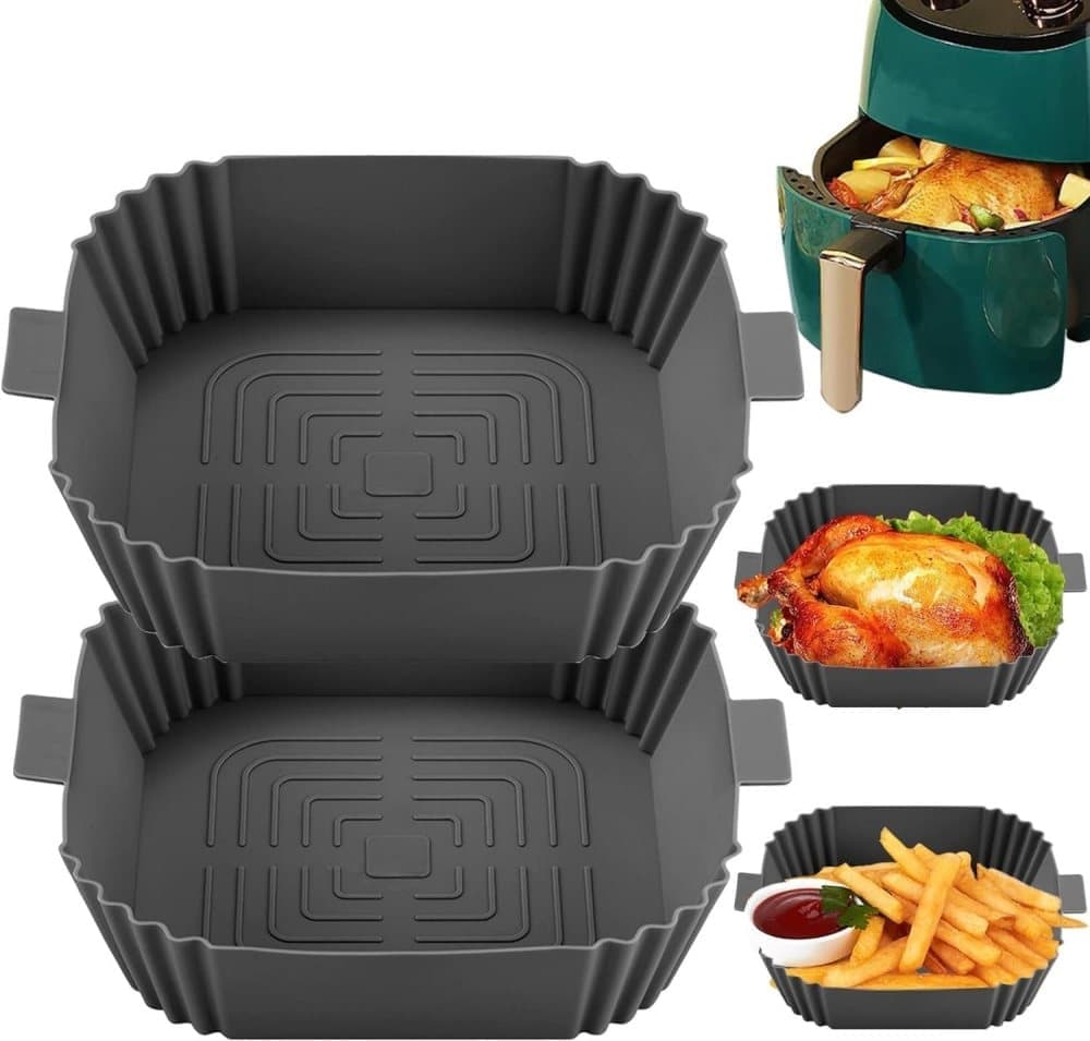 2-Pack Air Fryer Silicone Basket, Non-Stick Reusable Easy to Clean, Gray
