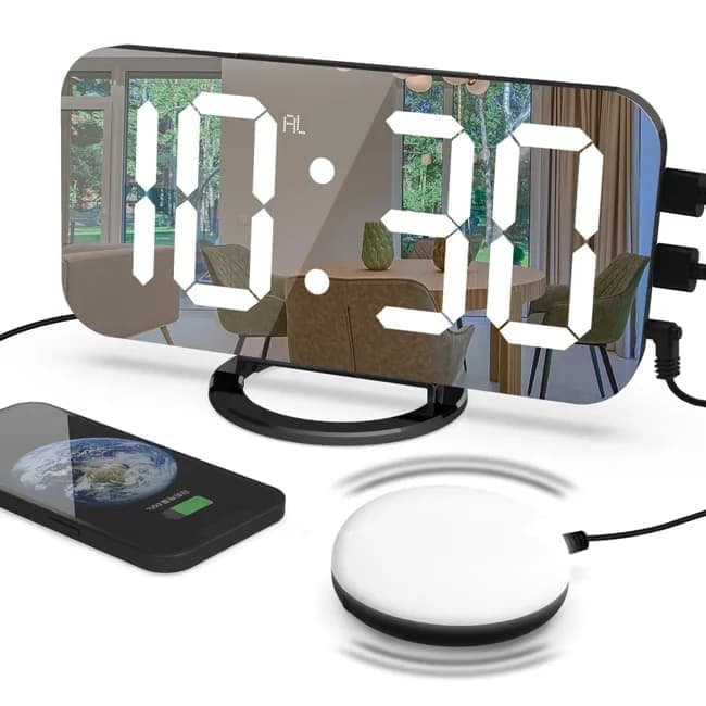 LED Alarm Clock with Bed Shaker for Heavy Sleepers, Digital Mirror Display, Compatible with Philips, Black