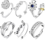 6 pcs Rotatable Anti-Stress Ring with Rotating Beads, Silver, Compatible with Fidget Spinner Rings