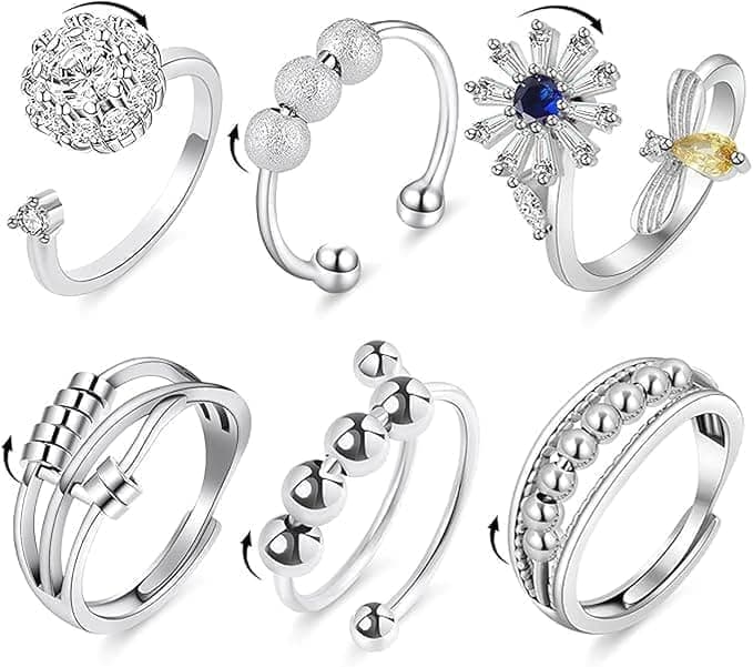 6 pcs Rotatable Anti-Stress Ring with Rotating Beads, Silver, Compatible with Fidget Spinner Rings
