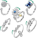 6-Pack Adjustable Anti-Stress Ring with Rotating Beads, Silver, Compatible with Fidget Spinner Rings
