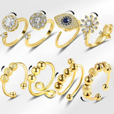 8 pcs Adjustable Antistress Ring with Rotating Beads, Gold, Compatible with Fidget Spinner Rings