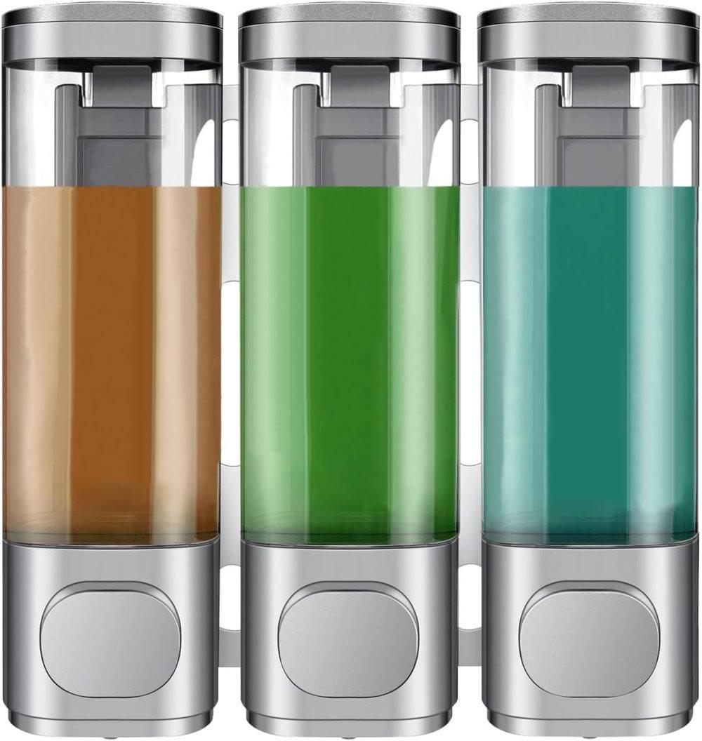 3-Pack Wall Mounted Soap Dispenser, 300ml, 3-Compartment Shower Dispenser for Shampoo & Soap, Gray