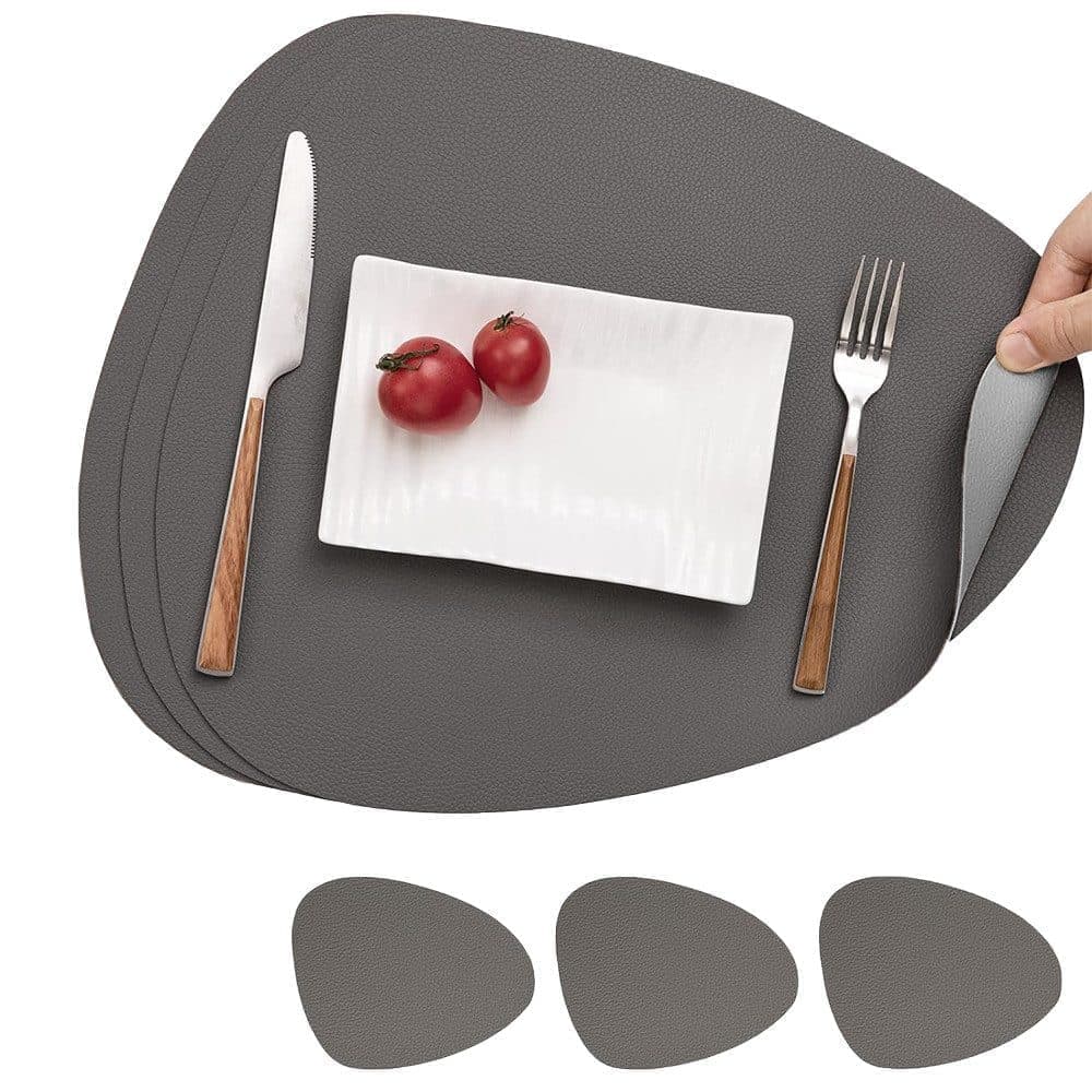 4-Pack Faux Leather Placemats Waterproof Non-Slip Easy-to-Dry Double-Sided, Gray, 12x18 Inches
