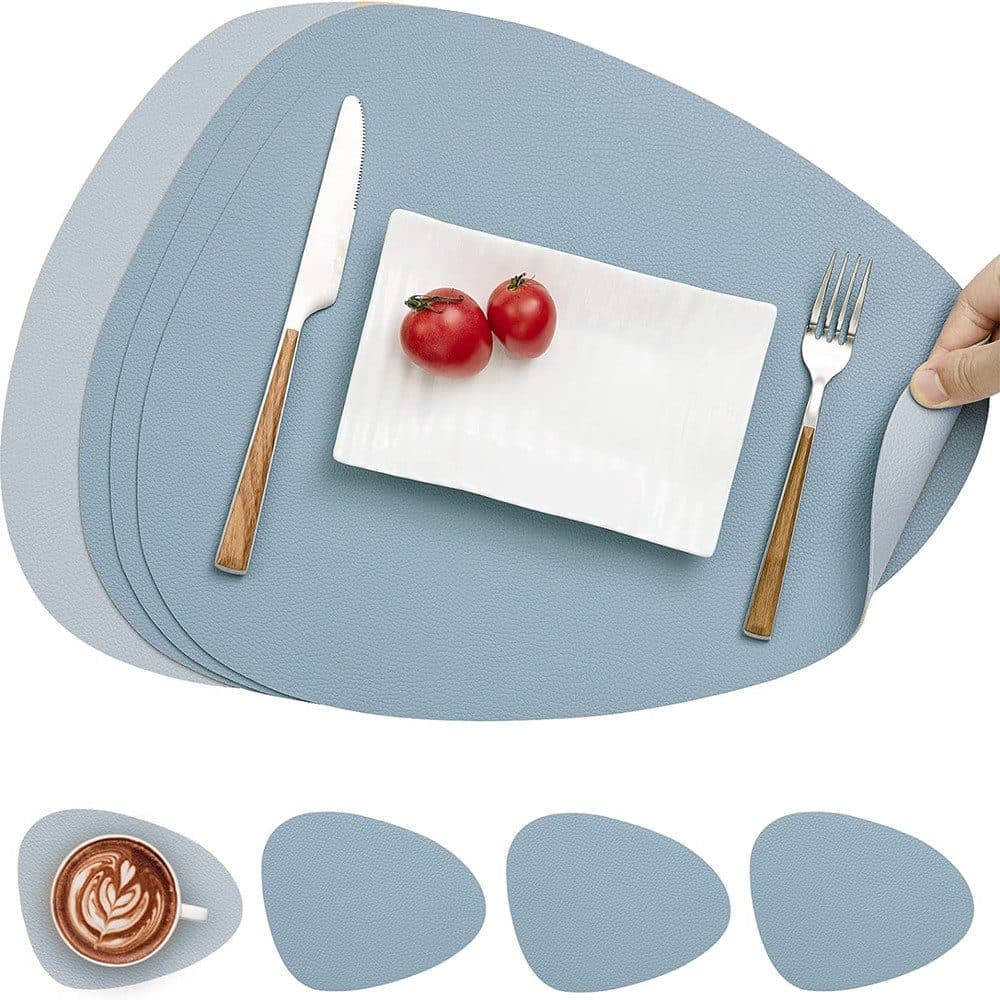 4-Pack Faux Leather Placemats Waterproof Non-Slip Easy-to-Dry Double-Sided, Blue