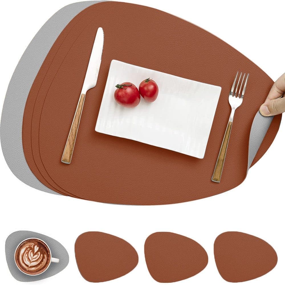 4-Pack Faux Leather Placemats Waterproof Non-Slip Easy-to-Dry Double-Sided, Brown