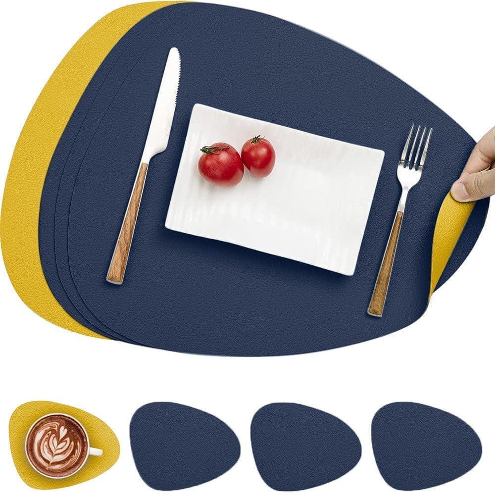 4-Pack Faux Leather Placemats Waterproof Non-Slip Easy-to-Dry Double-Sided, Dark Blue