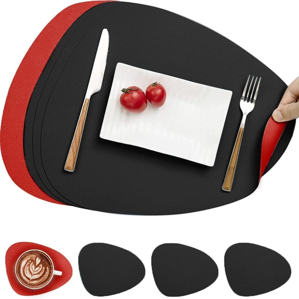 4-Pack Faux Leather Placemats Waterproof Non-Slip Easy-to-Dry Double-Sided, Black, 12x18 Inches